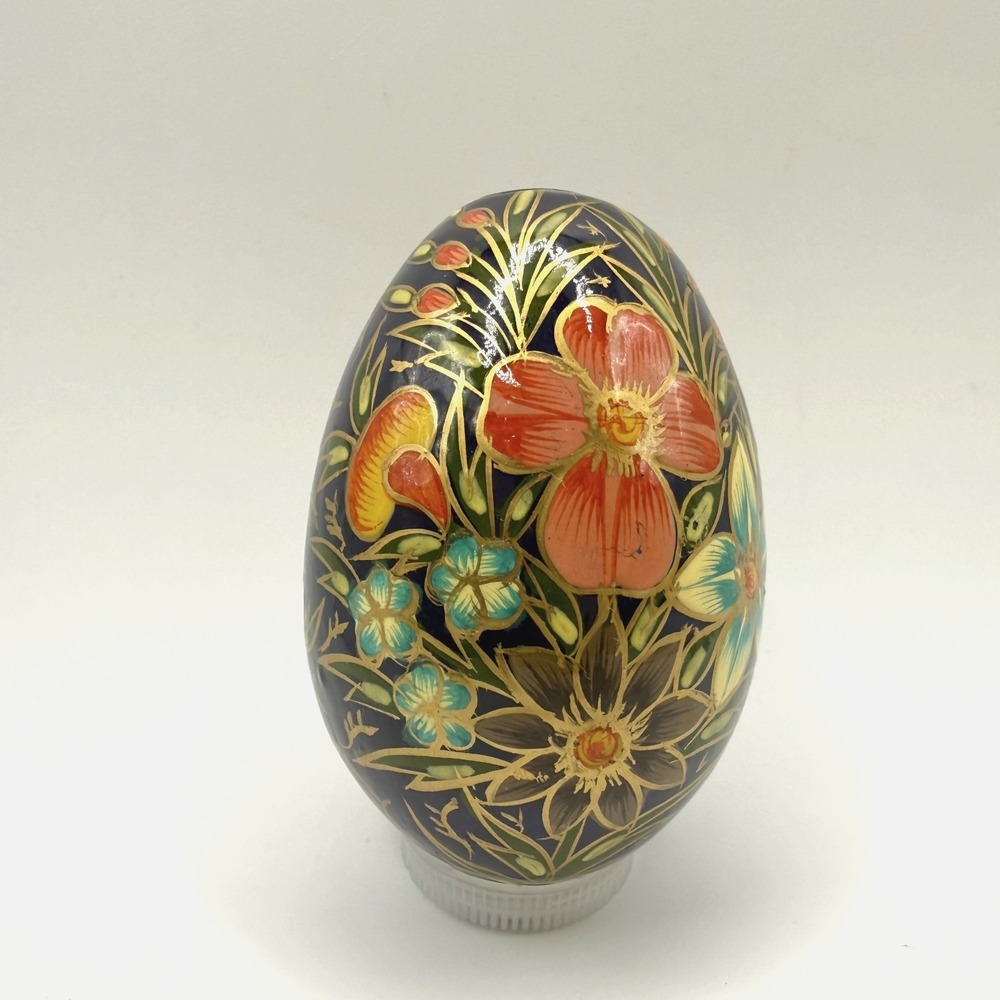 Hand Painted Wood Egg Blue Gold Floral‎ 2.75" Height